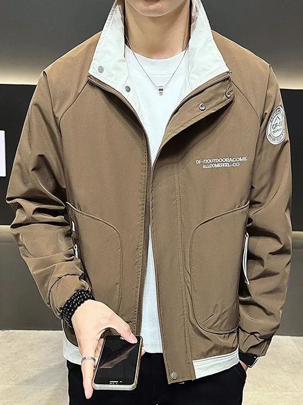 

High Quali Men's Spring New Sle Simple Large Size Jaet Long Sve Print Stand Collar Zipper Spring Autumn Youth