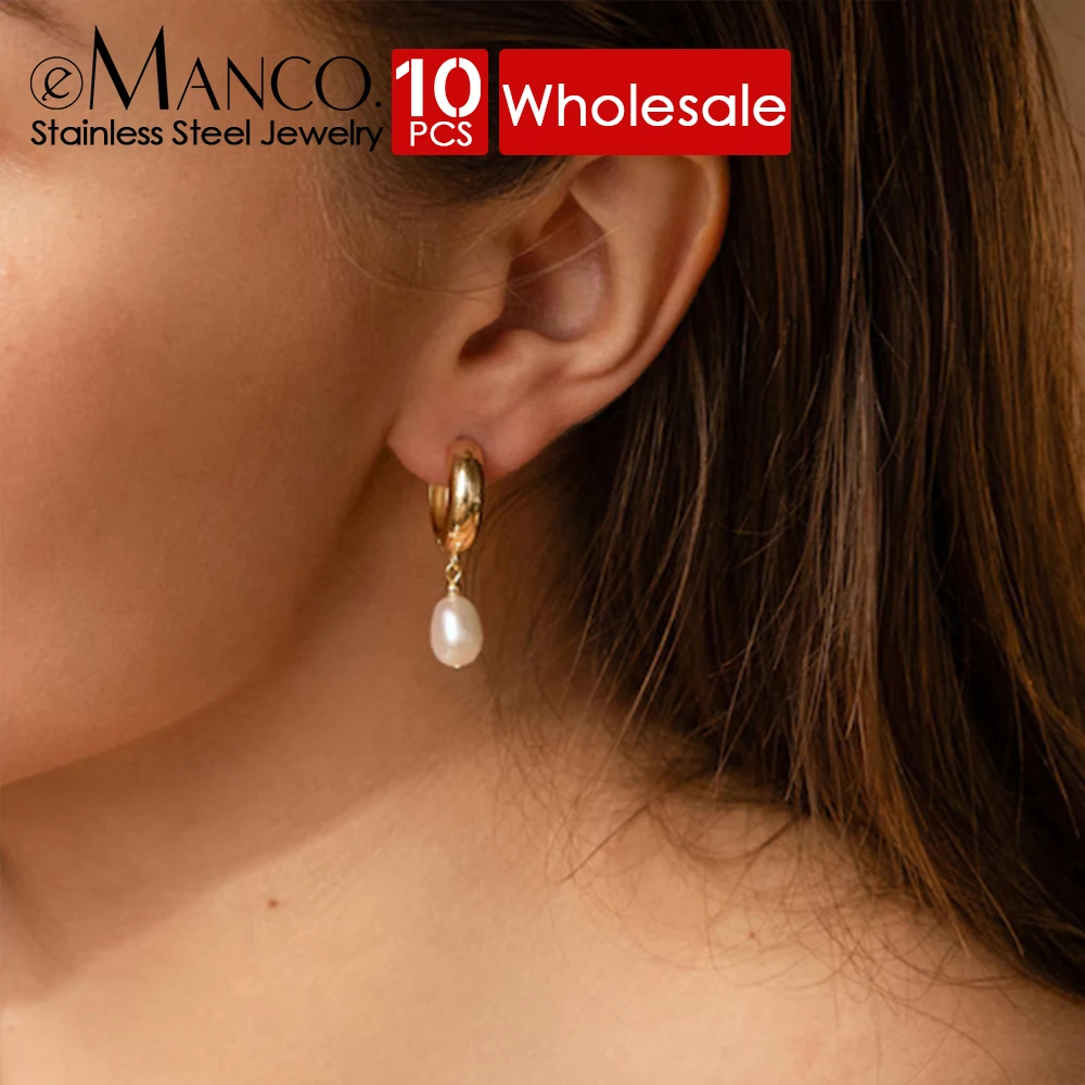 eManco 10PCS Gold-plated Freshwater Pearl Pendant Ladies Party Earrings Wholesale High Quality Stainless Steel Jewelry