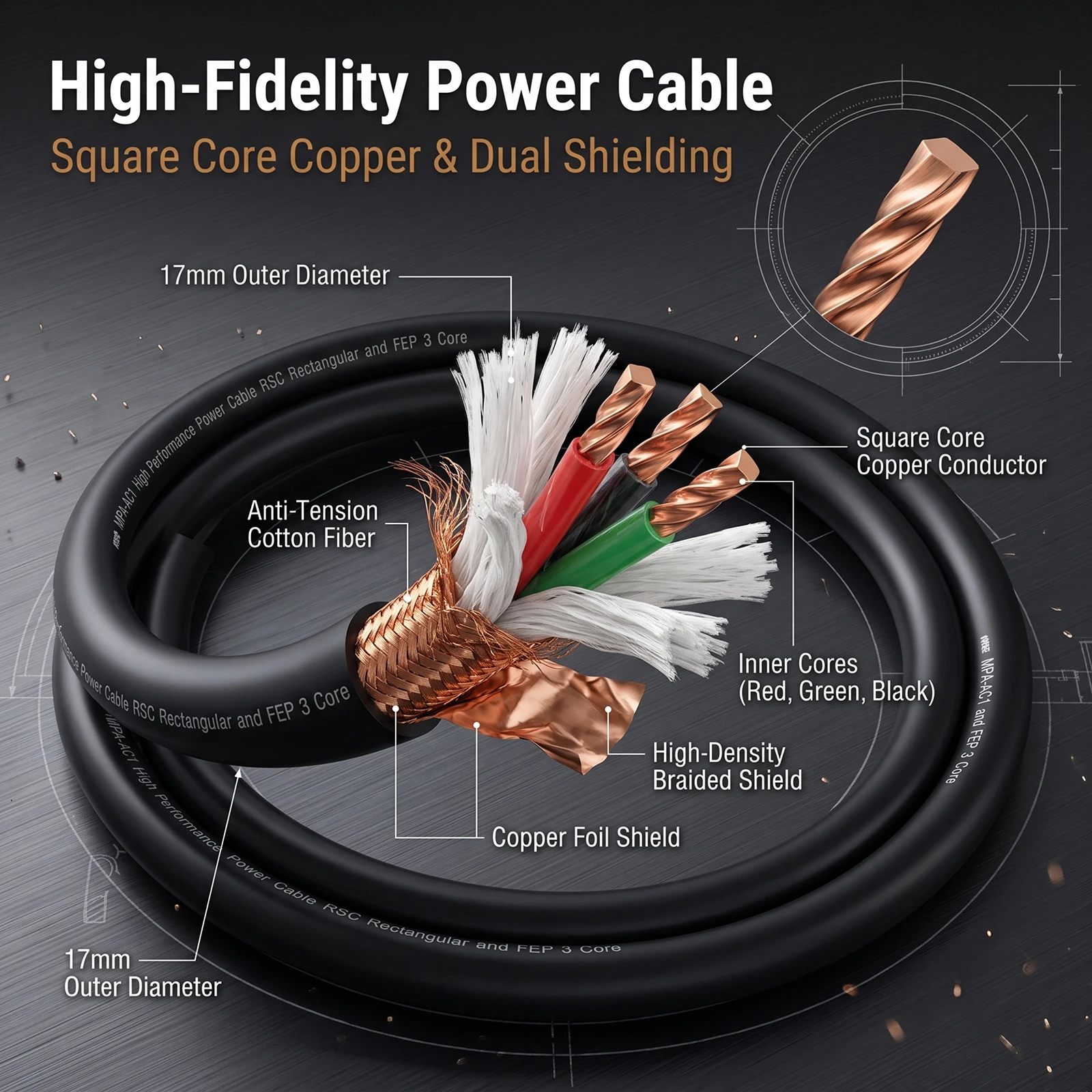YIVO XSSH HiFi Shielded Power Cable 4.5mm Square Solid Copper Core Braided Wire For Speaker Microphone Audio System