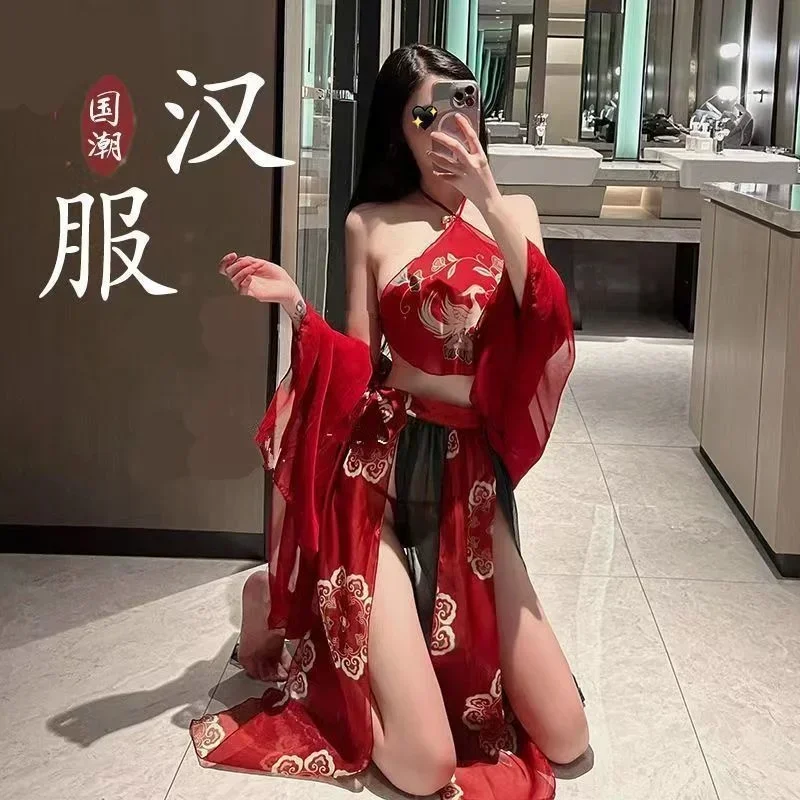 New Ancient Clothes Large Size Hanfu Set Pajamas Female Sense Ancient Belly Pocket Uniform Chiffon Transparent Sleeping Skirt