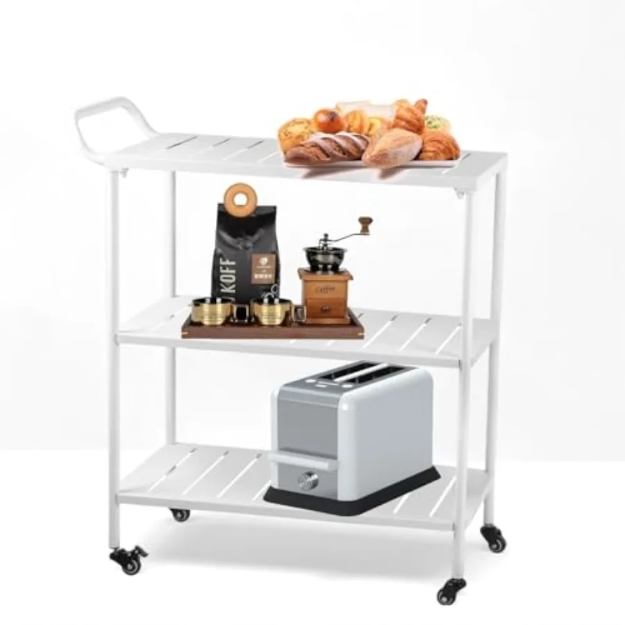 

Modern Kitchen Bar Cart on Wheels Metal Rolling Serving Carts with 3 Tier for Storage Mobile Kitchen Island with Lockable Caste