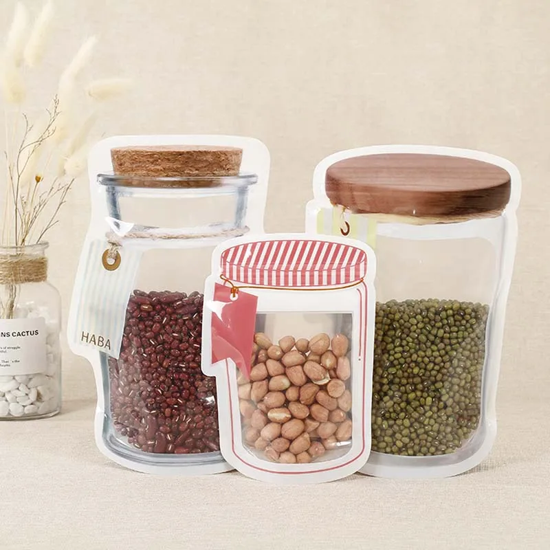 Reusable Jar Shape Bag Plastic Zipper Bags Zip Lock Food Saver Storage Bag Freezer Biscuit Candy Seal Pouch Kitchen Organizer