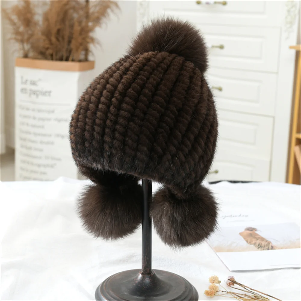 Mink Fur Knitted Cap Winter Hot Sale Real Fur Hat For Women Ear Warm Cap The Spiral Beanies Cap With Fox Fur Pompom On The Top