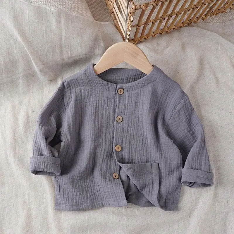 Autumn New Children\'s Baby Cotton Linen Long-Sleeved Shirts Literary Japanese Boys And Girls Casual Buttons Thin Cardigan WTB81