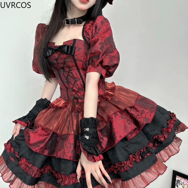 Victorian Gothic Lolita Dress Women Harajuku Y2k Lace Bow Evening Party Dresses Japanese Punk Style Slim Bandage Princess Dress