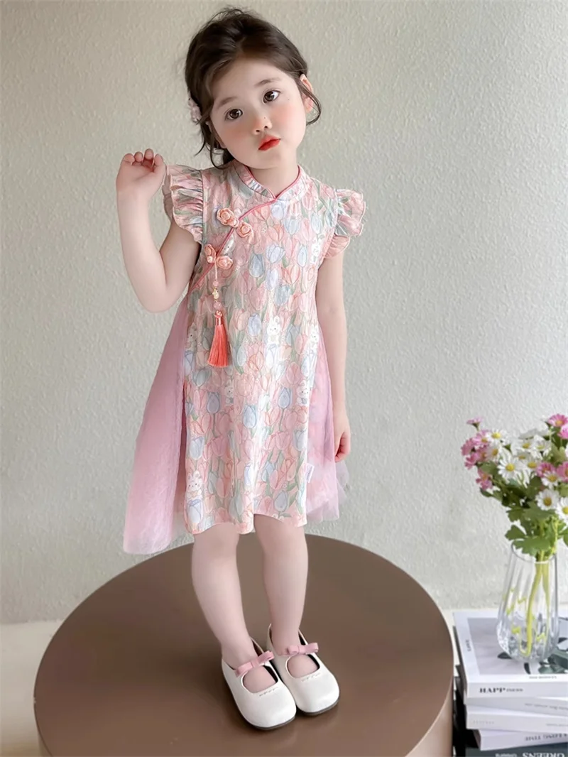 Girls Cute Print Dresses Children Birthday Party Sweet Elegant Modernized Cheongsam Kids Outdoor Casual Versatile Skirt 2-8Y
