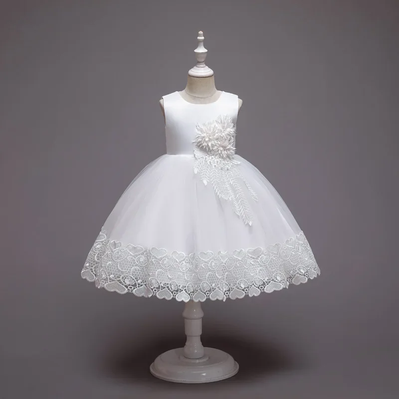 White Wedding Birthday Gown Lace Tutu Princess Dress Floral Embroidery Girls Children Clothing Kids Party for Girl Clothes