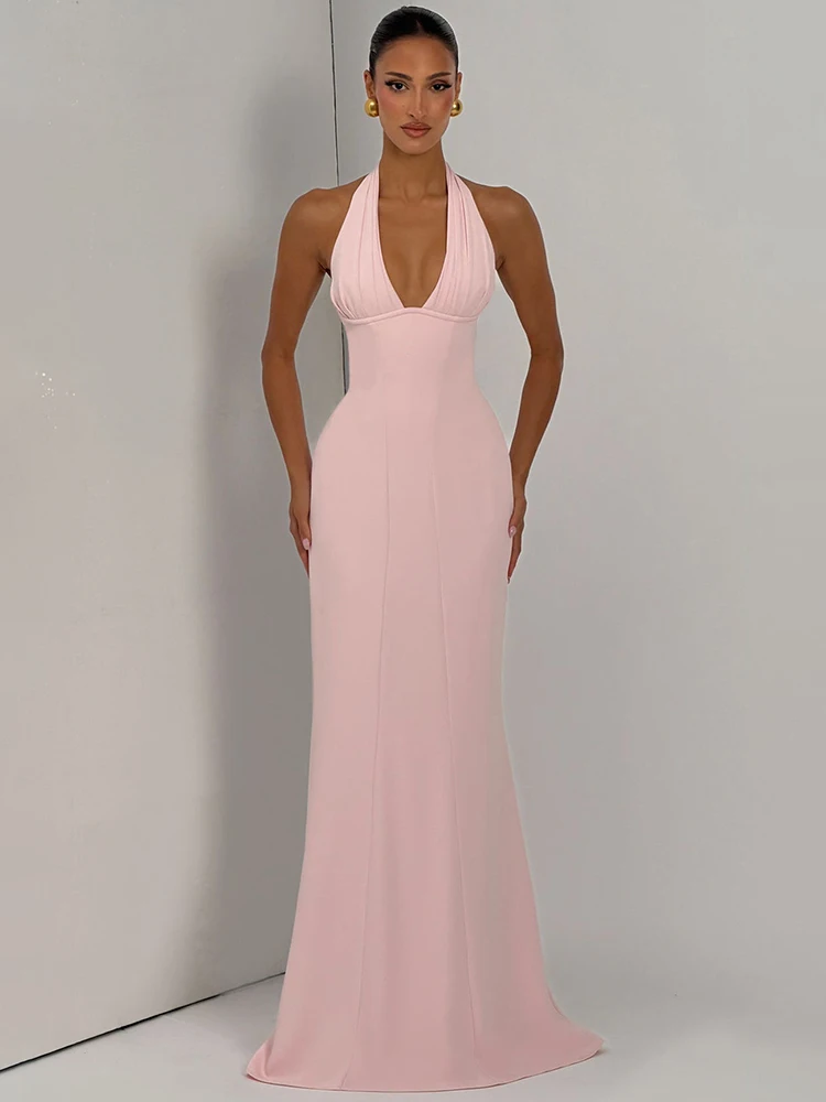 Robe longue de soirée Mozision pour femme, col halter plongeant, sexy, élégante, sans manches, dos nu, moulante, pour club, fête, ou invitée de mariage