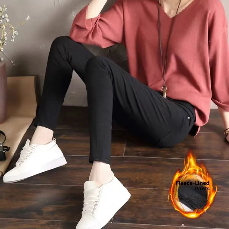 High Waist Fleece Lined Slim Fit Pencil Jeans Women's White Denim Pants Elastic Casual Straight Leg Trousers for Autumn Winter