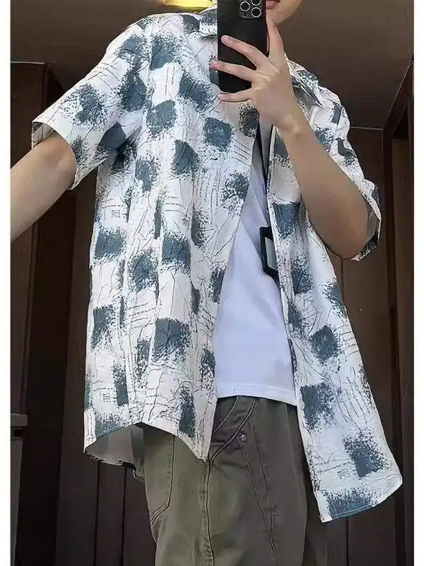 

Мужская летняя рубашка American Sport Short Sleeve из ледяного шелка с эффектом тай-дай, дышащая, свободного кроя, для пляжа