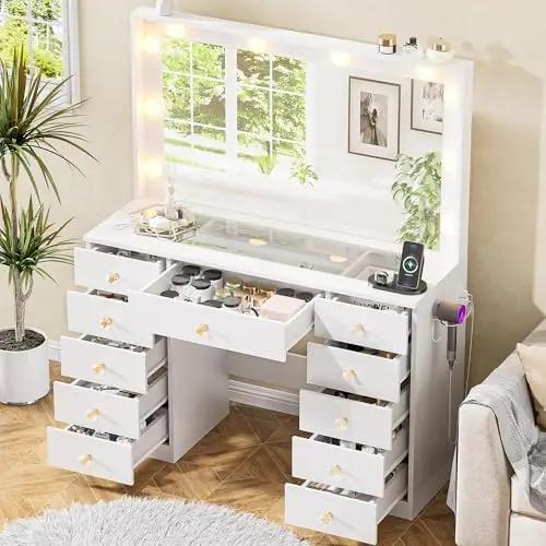Vanity with Large Mirror and 10 LED Lights, Vanity Desk with Glasstop, 11 Drawers with Crystal Handles, Dressing Table