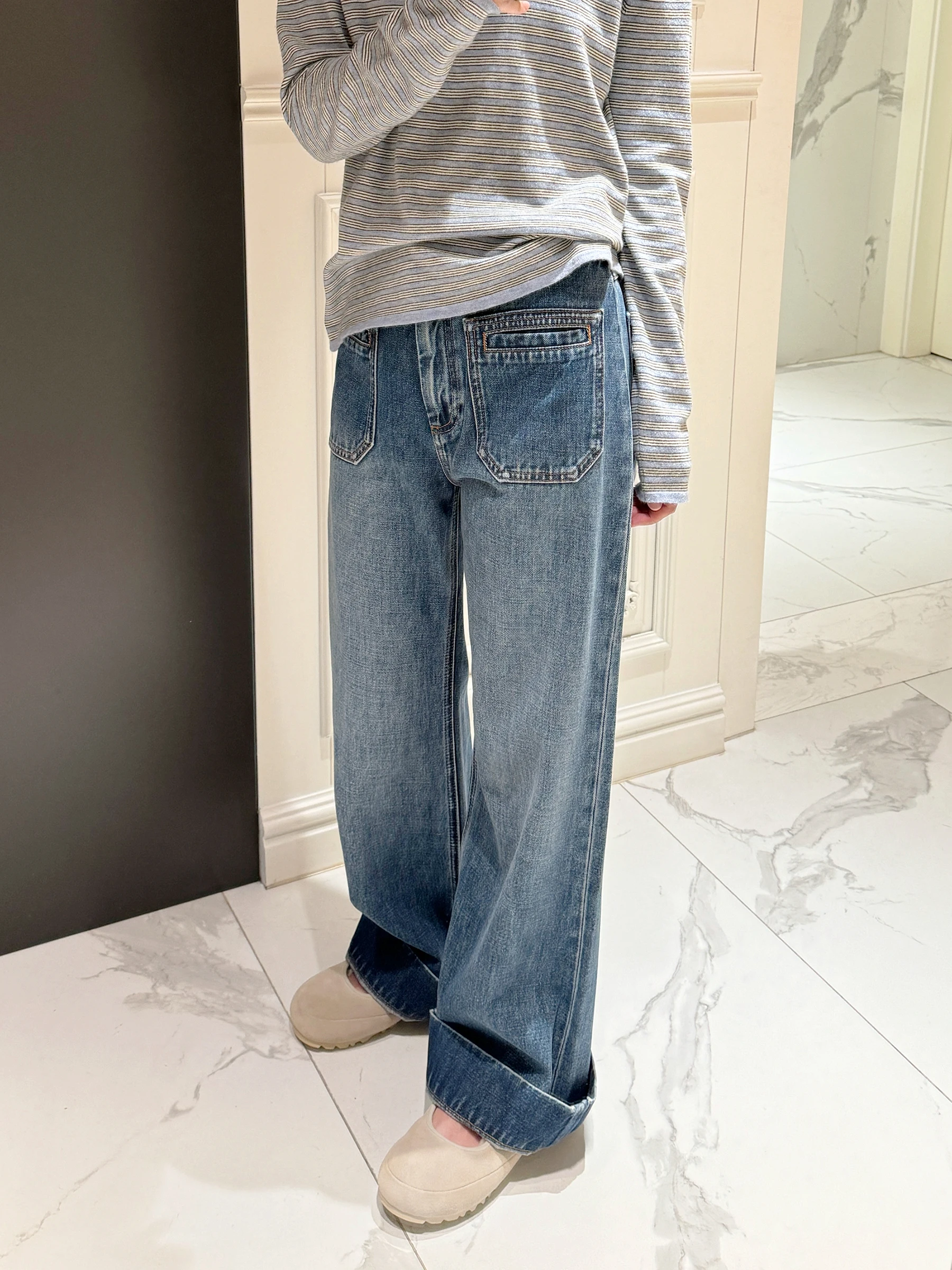 

Джинсы Pupu премиум-класса для женщин: прямые, со средней посадкой, свободного кроя, с отворачивающимися передними карманами, двусторонние, можно носить двумя способами