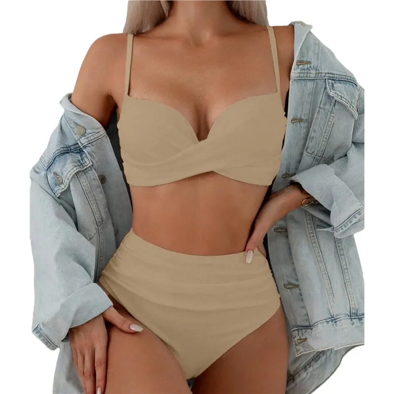 AS98-Damen 2-teiliges Bikini-Set mit Spaghettiträgern, hohem Beinausschnitt, Push-up und Bügel-Badeanzug