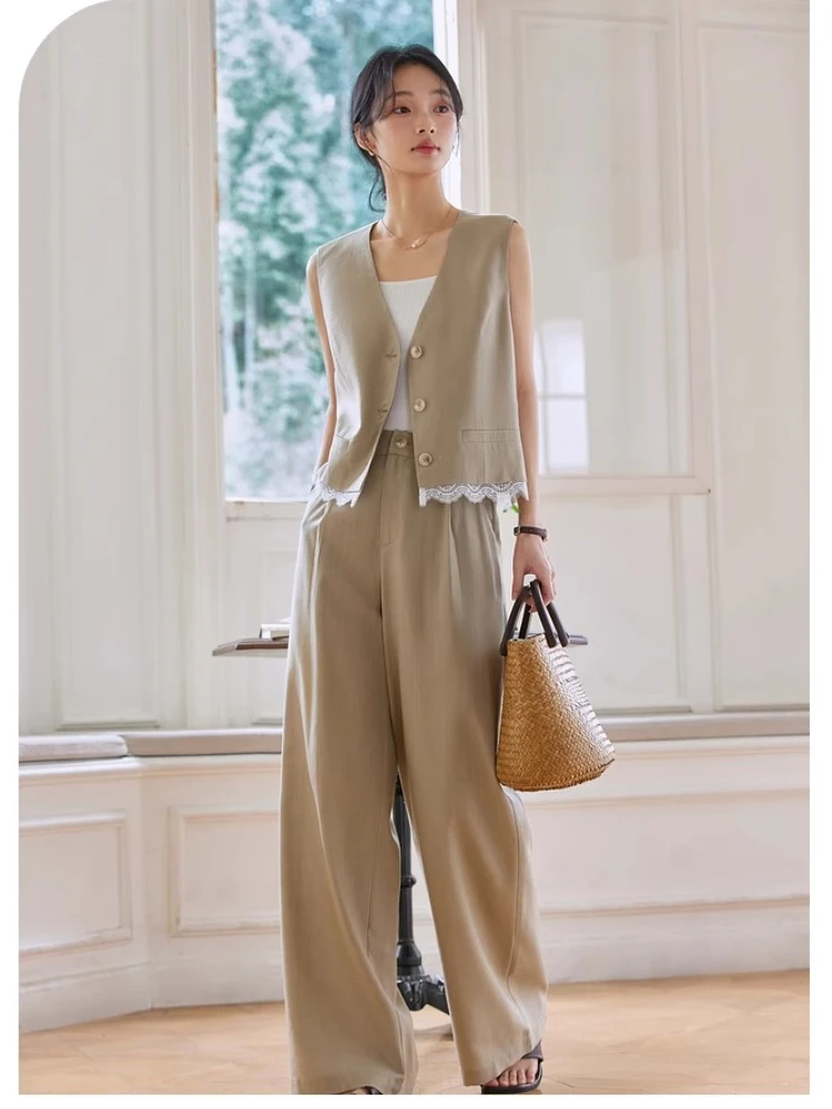 

VIMLY Summwe Women's Pants Suit Vintage 2025 Lace Splicing V-neck Vest Wide Leg Pants Old Money Wind Woman Two-piece Set A1110