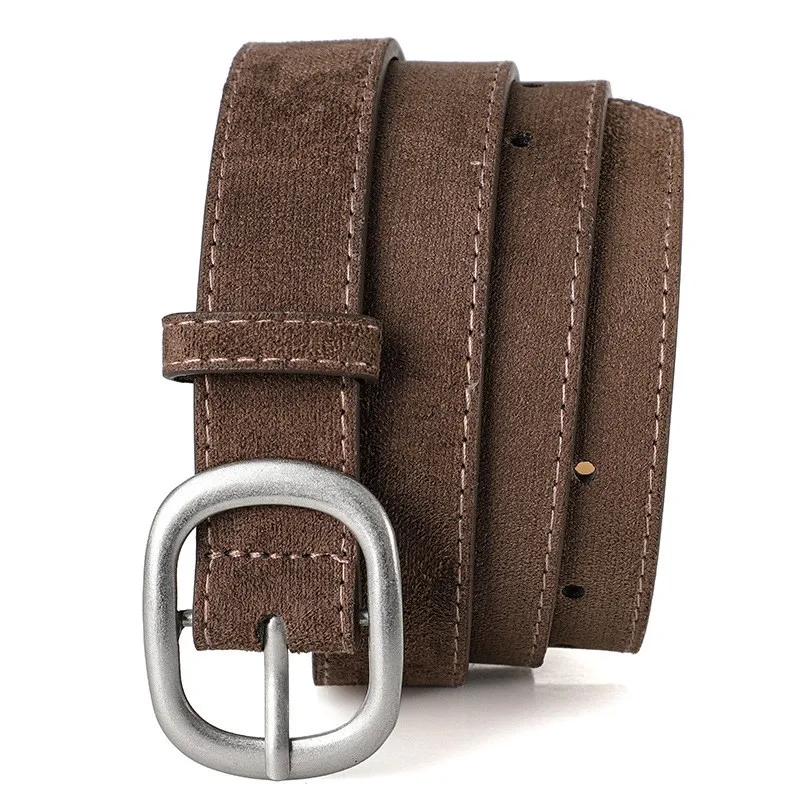 Ladies' belt, imitation suede-like surface, vintage style, aged look, high-end feel, silver alloy buckle, versatile, jeans belt