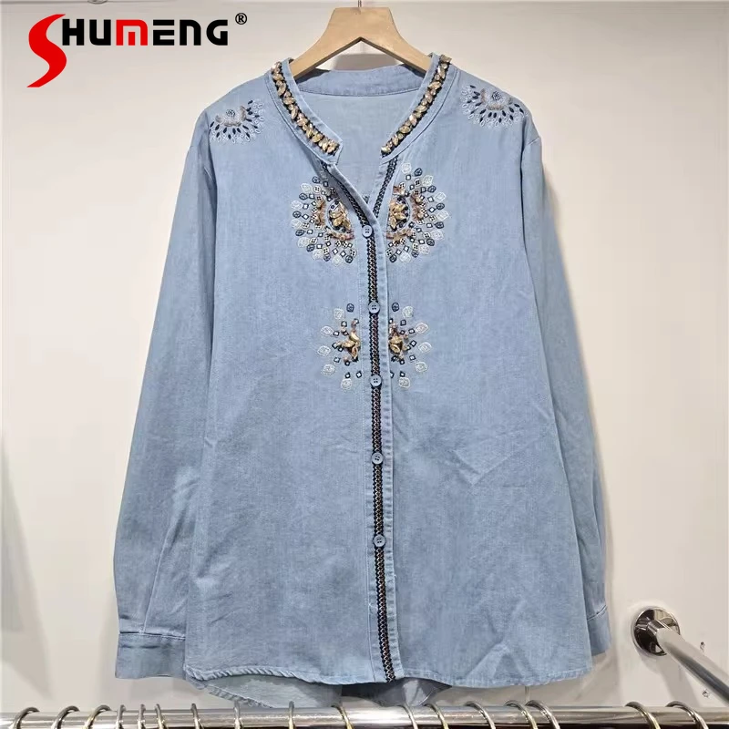 

Fashion Embroidered Stand Collar Denim Shirts Women 2026 Spring Autumn New Loose Comfort Shirts Stylish Long Sleeve Comfort Tops