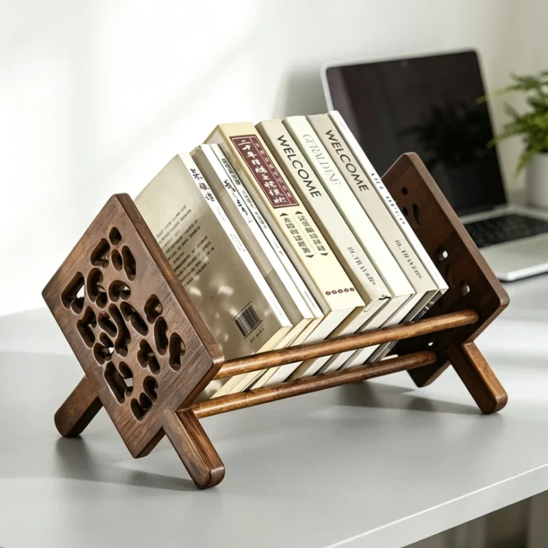 Solid Wood Desktop Bookstand Hollow‑Carved Tabletop Book Holder Simple Storage Rack for Bedside Window Office Desk