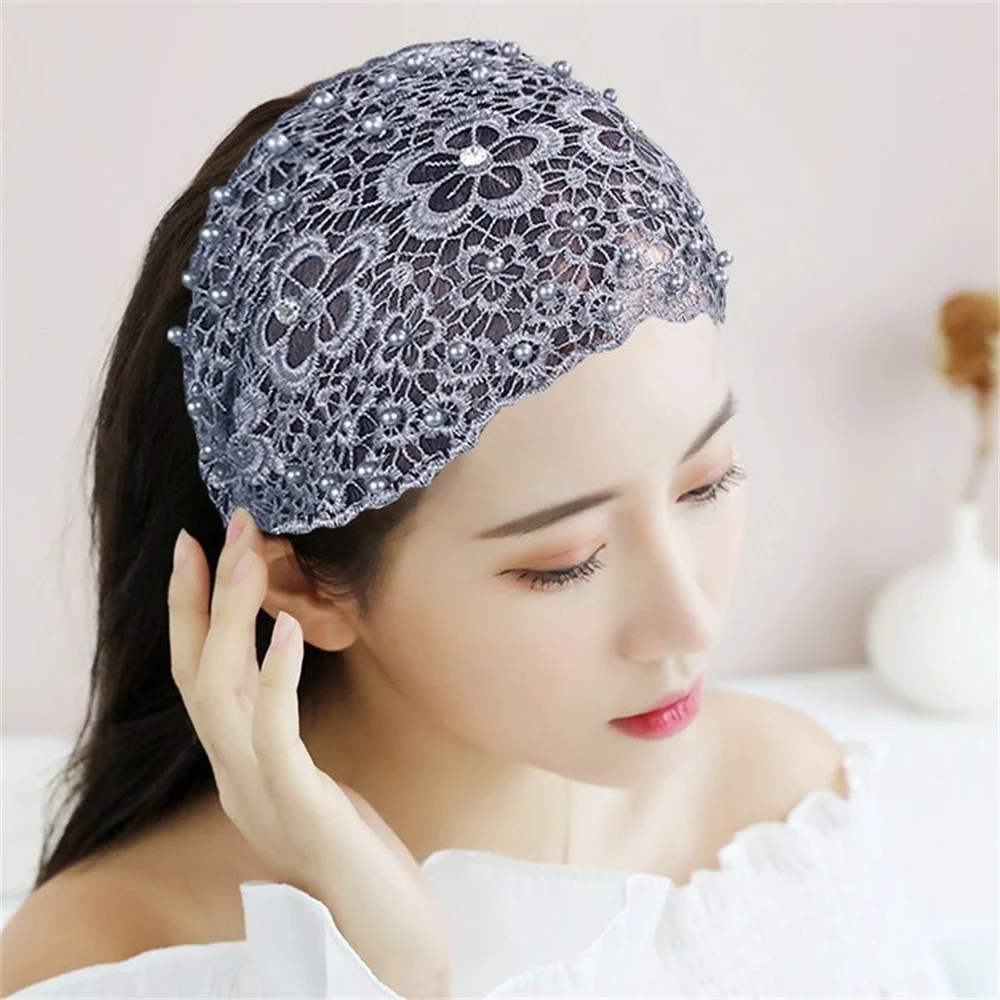 Lace Floral Headbands For Women Girls Headwrap Fashion Pearl Elastic Wide Hair Bands Female Headwear Hair Accessories