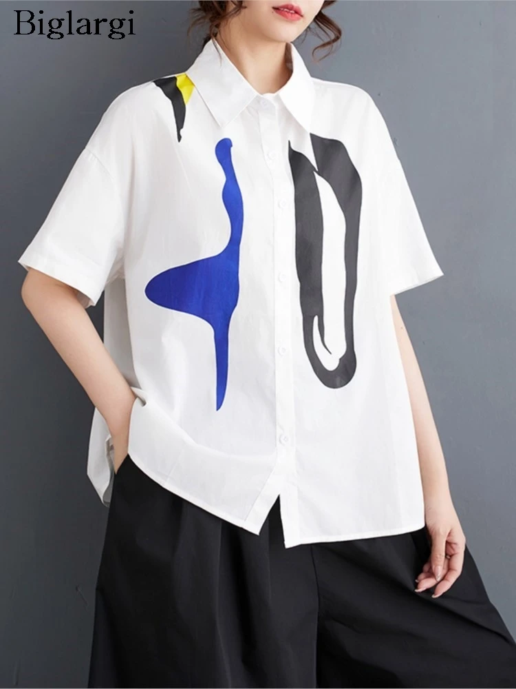 

Oversized Print White Summer Shirt Women Casual Loose Blouse Ladies Shirts New Fashion Short Sleeve Woman Shirt Blouses