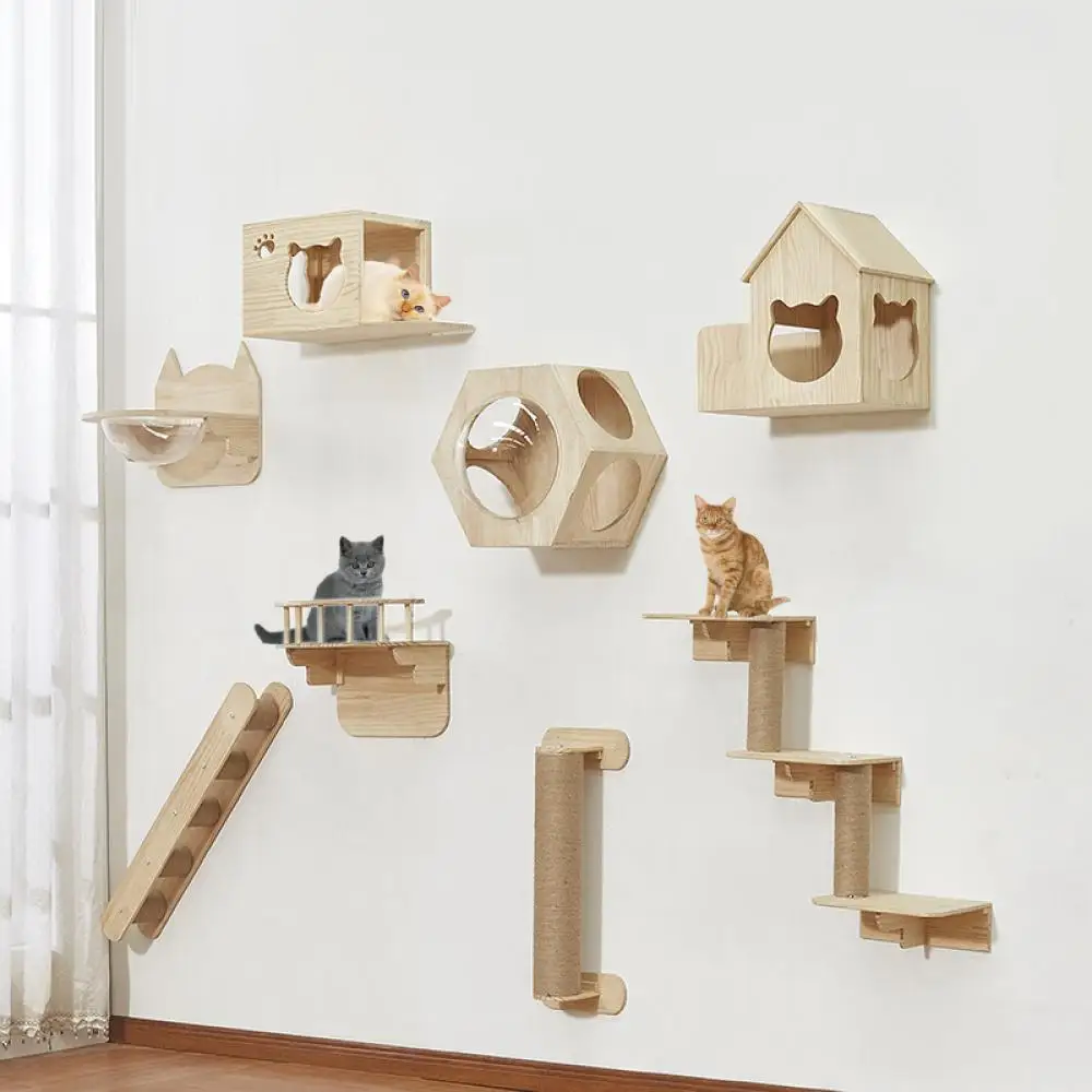 Wall Mounted Cat Shelves Scratching Post for Cat Jumping Platform and Cat Hammock Rope Ladder Wall Wooden Furniture