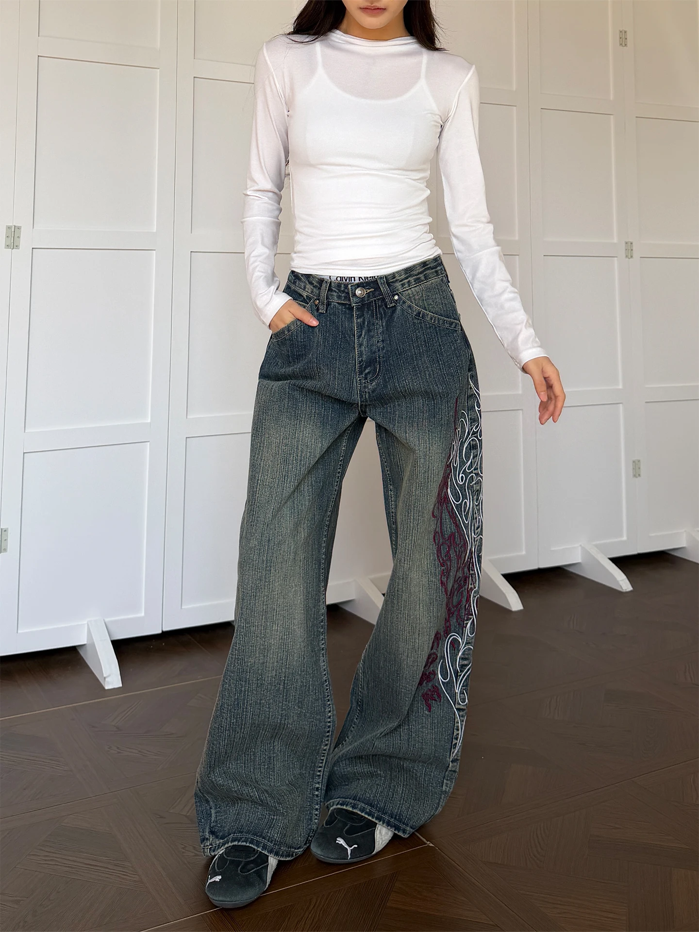 

Джинсы Waed Denim: женские широкие прямые брюки с вышивкой в виде бамбуковых узлов, винтажные повседневные брюки для мужчин и женщин