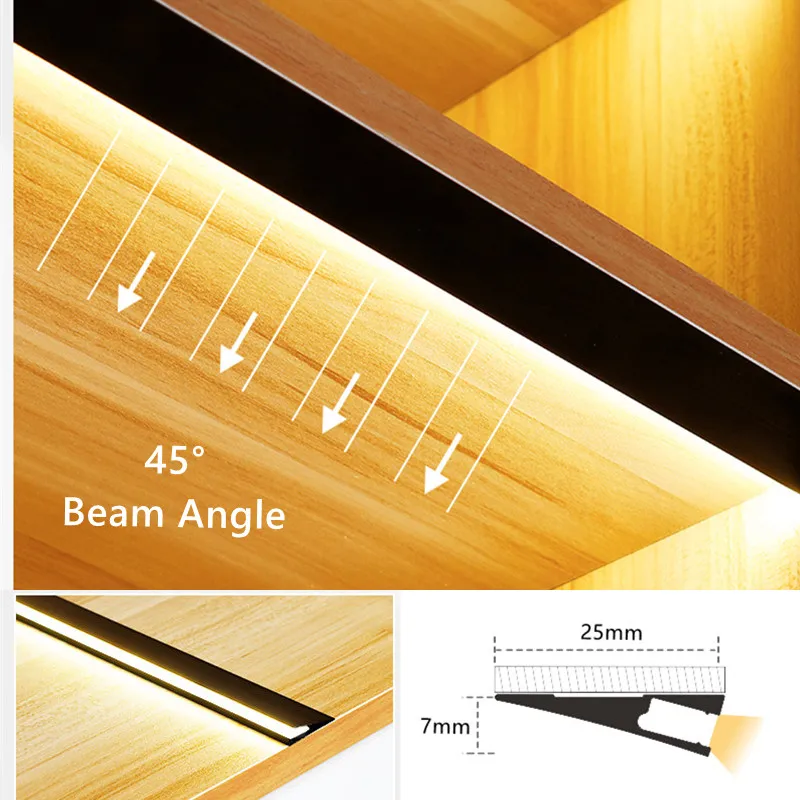 Perfil de aluminio ultrafino, lámpara LED montada en superficie de 7mm, luces ocultas oblicuas de 45 grados, luz de Panel de estante de borde de