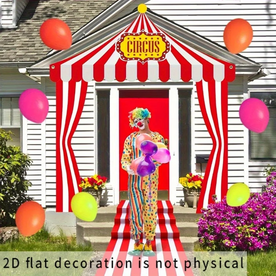 Juego de pancarta plana 2D, tienda de campaña con dosel a rayas rojas y blancas de circo con logotipo de “circo”, decoraciones para fiestas navideñas de Año Nuevo 2026
