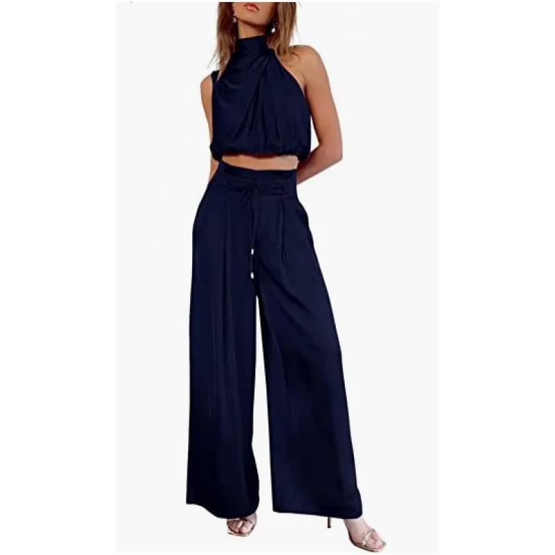 Conjunto de dos piezas de pantalones para mujer, traje de ombligo abierto, textura plisada de seda, Top sin mangas, pantalones de pierna ancha,