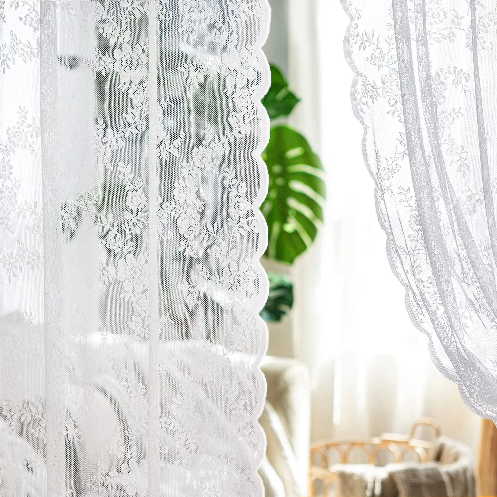 White Lace Curtains 84 Inches Long for Living Room Bedroom, Scalloped Sheer Curtains Rose Floral Embroidered Farmhouse Window Dr