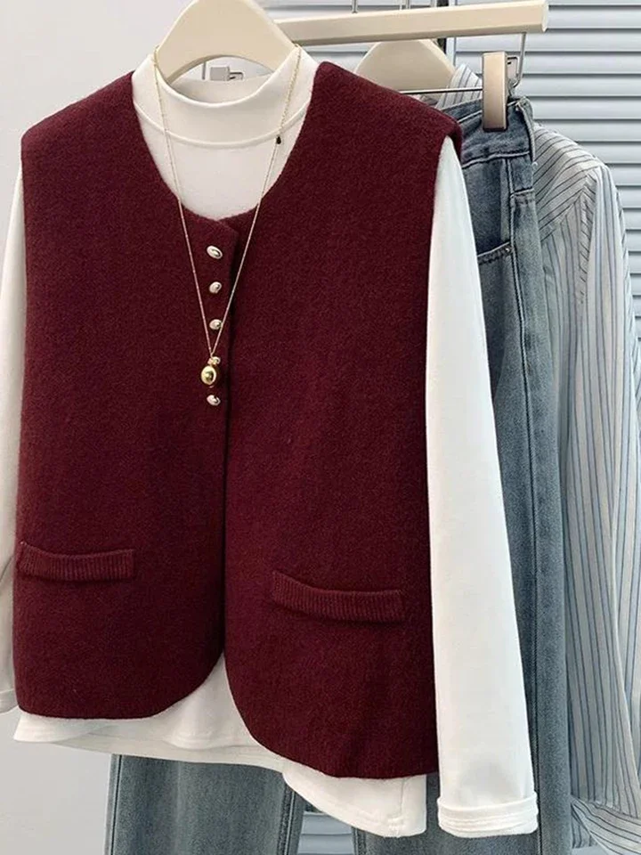 Elegancka kamizelka swetrowa damska na wiosnę, francuski kardigan dziergany, top bez rękawów, luźny, jednolity kolor, podkreślający temperament.
