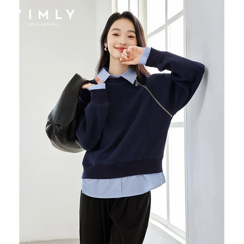 

VIMLY Women Sweatshirts 2026 Spring Autumn Preppy Style Pathwork 2 in 1 Long Sleeve Top Zipper Pullovers Woman Clothing M8359