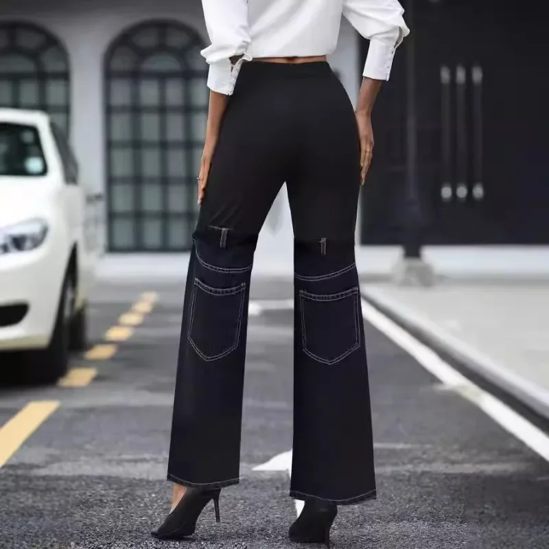 Women\'s Autumn New Fashion Knit Elastic Waist Patchwork Denim Wide-leg Pants, Temperament Commuter Casual Slim-fit Long Pants