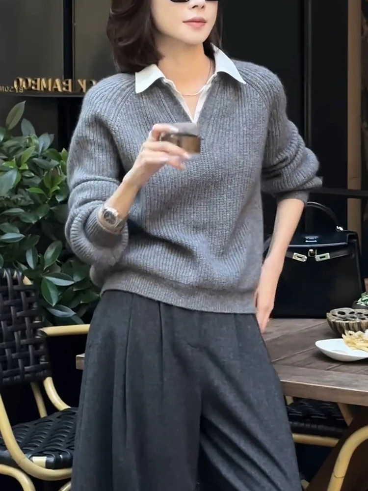 

Korean Sle Casual irt Collar Knitwear Pastel ey Commute Faion Spring 2025 Large Size Versatile Women's Top Trendy