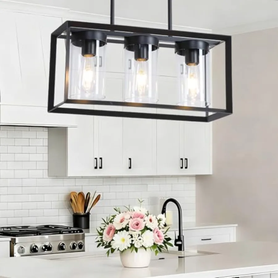 Black Rectangle Farmhouse Chandeliers, 3-Light Modern Linear Dining Room Light Fixture with Clear Glass Shades, Kitchen Island view 2