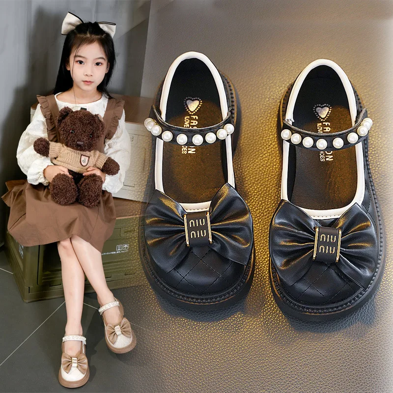 Children's Fashionable Black Leather Shoes with Pearl Chain Bow Cute Girl Mary Janes 2025 New Kids Versatile Wedding Party Shoes