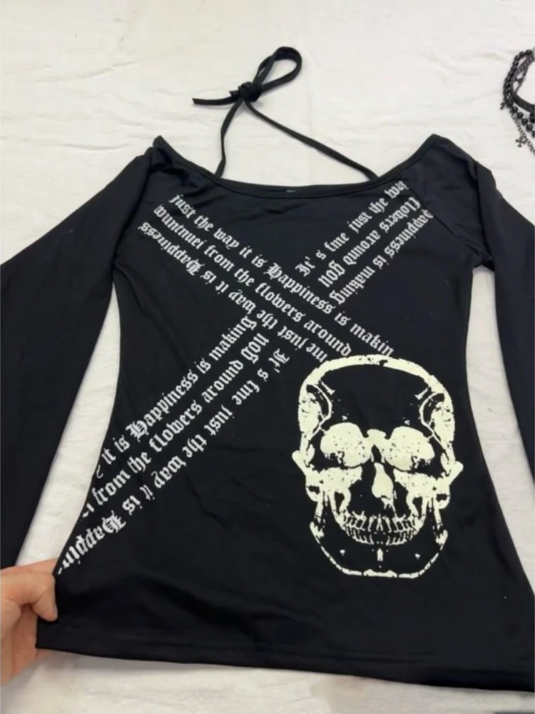 

Большие размеры Y2k футболки с лямкой на шее и надписью «череп», свободные женские футболки 2023, ранняя осень, новая облегающая футболка в стиле гранж, в американском стиле