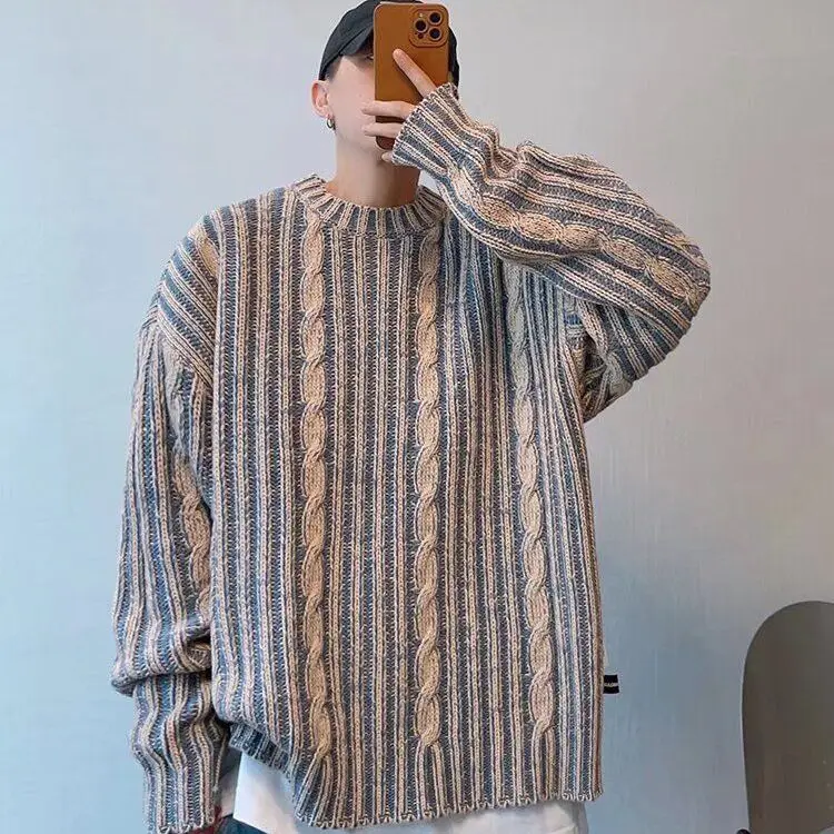 

Мужской свитер Cleanfit в полоску в стиле ретро, модный брендовый ленивый вязаный свитер, осень-зима, повседневный Sle Polye...