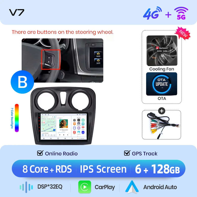 Junsun draadloze CarPlay Android Auto autoradio voor Dacia/Renault Logan 2 & Sandero 2 2012-2020 met ingebouwde koelventilator, Android GPS navigatie, multimediaspeler, WiFi, DSP, RDS, BT, SWC, IPS