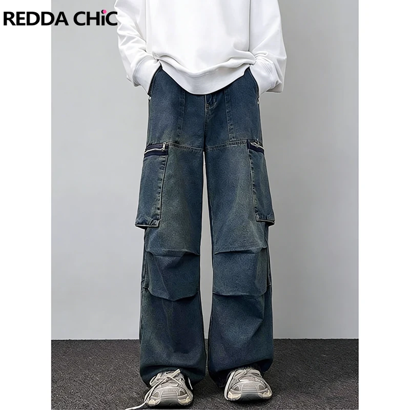 

REDDACHIC Women Zipper Pockets Baggy Jeans Plus Size Trendy Vintage Pintuck Distressed Loose Wide Leg Pants Hip Hop Streetwear