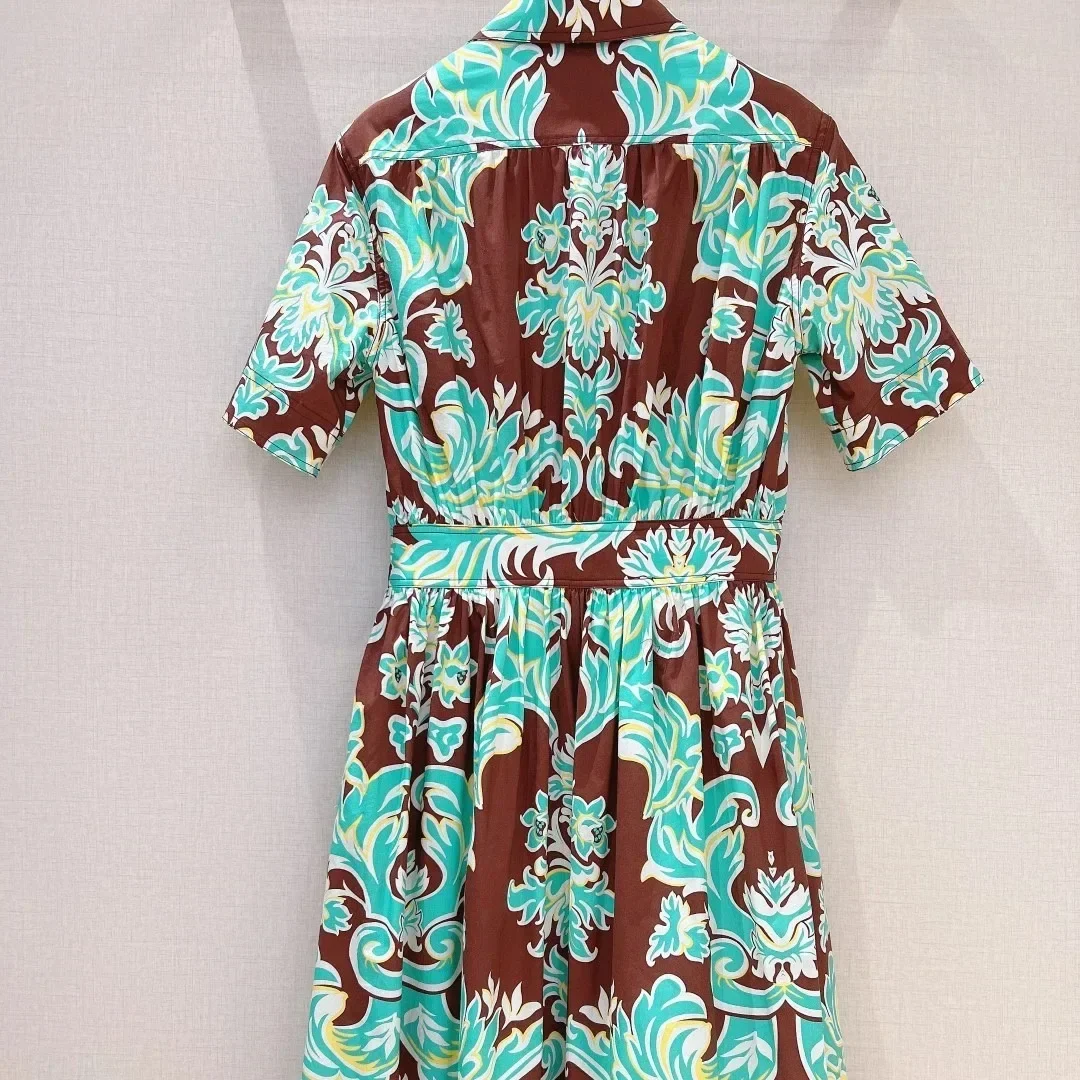 Cotton Green Brown Short Sleeve Floral Print 2024 Good Quality Midi Dress for Women New Summer Collection