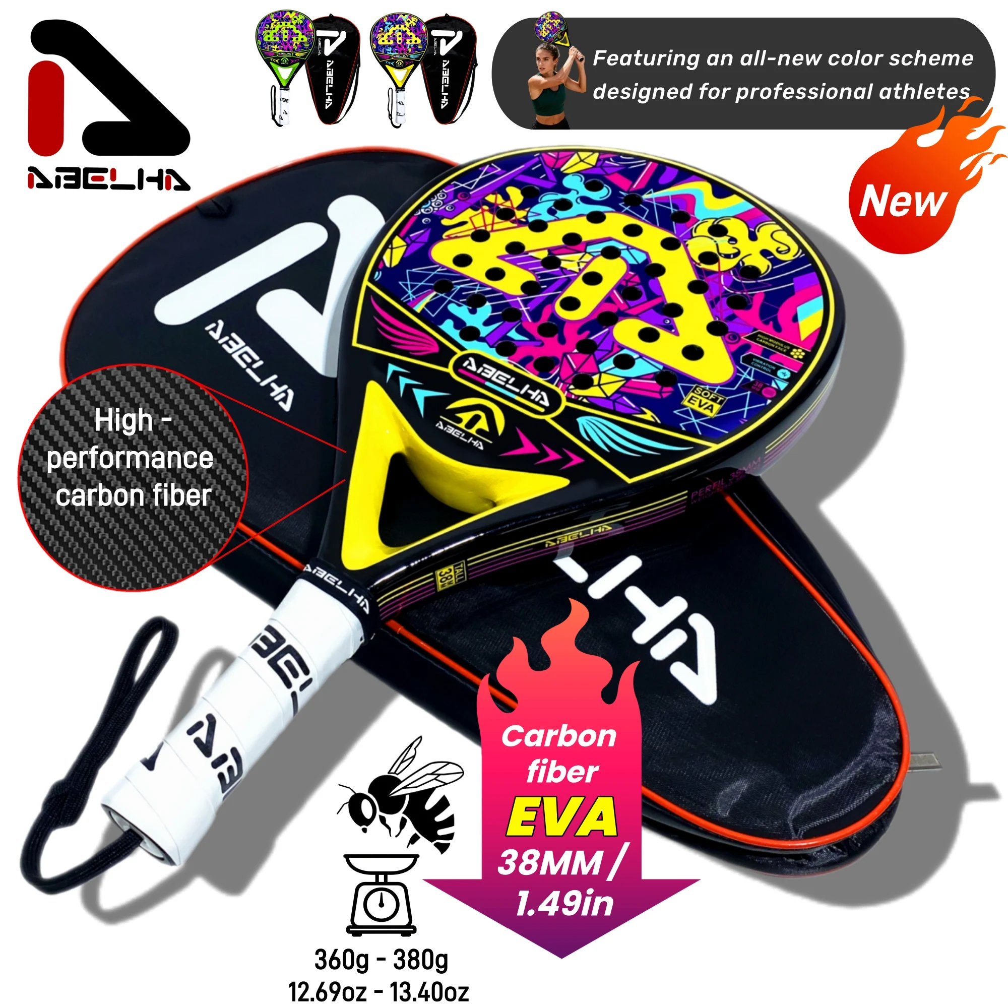 ABELHA 2026 مضرب باديل سطح من ألياف الكربون مع مضارب تنس باديل أساسية من الإسفنج المرن EVA خفيفة الوزن