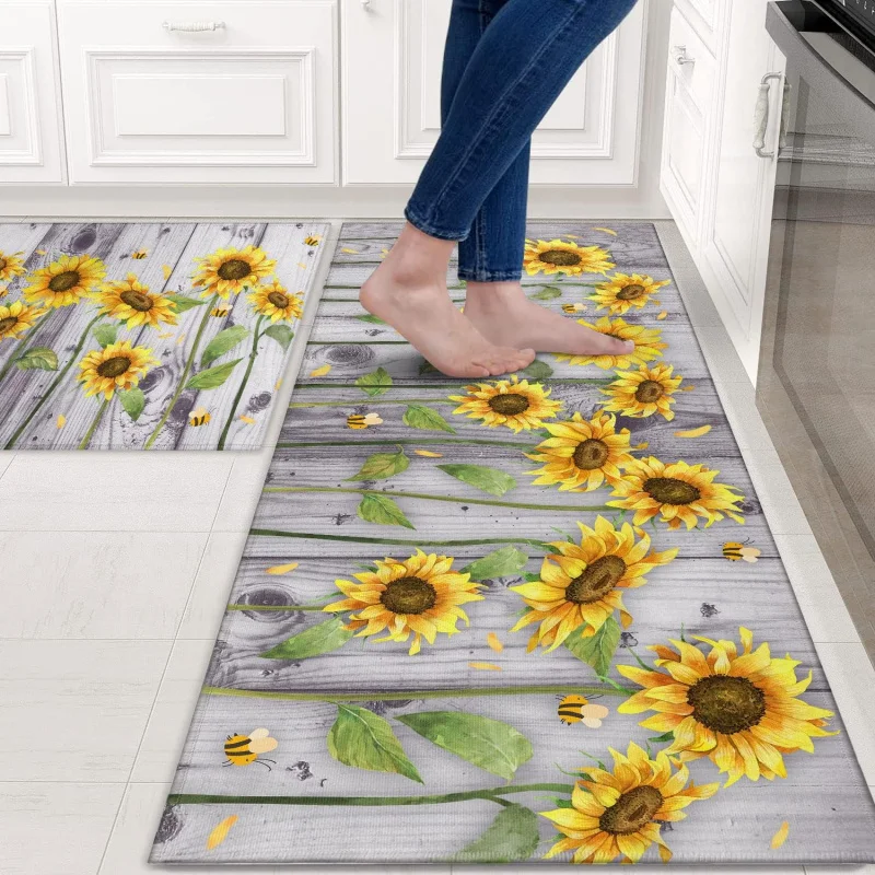 New Year Christmas Sunflower Kitchen Floor Mat 2-piece Set, Home Office Sink Front Door Mat 20inX31in 18inX47in