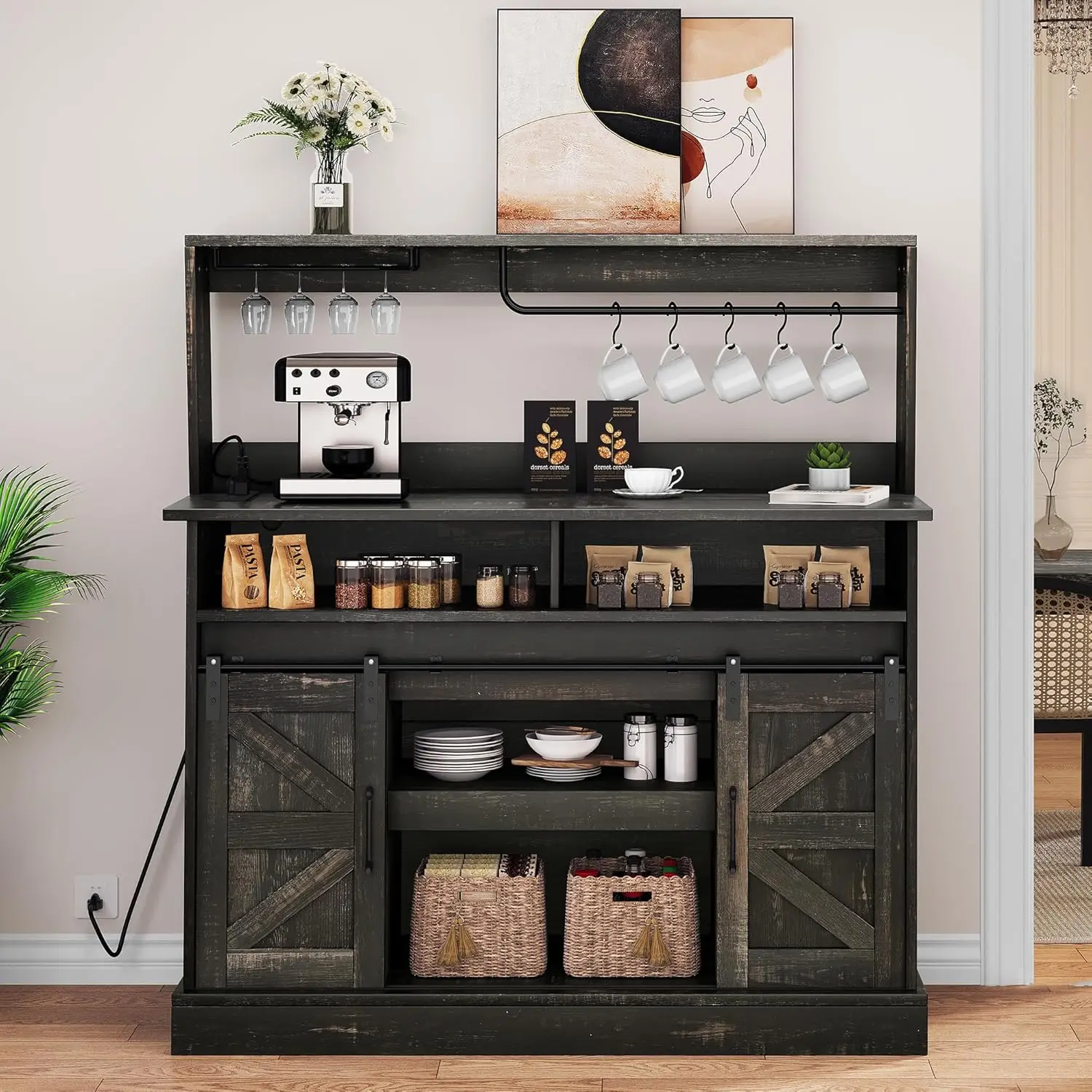 

Buffet Cabinets With Upper Rack, Farmhouse Coffee Bar Cabinet With Power Outlet & Goblet Holder, 47 Inch Sideboard Cabinets