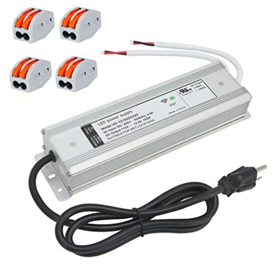 UL Recognized 12V LED Driver 150W Power Supply AC to DC Converter Waterproof IP67 Transformer with 3 Prong Plug, 120V AC to 12V