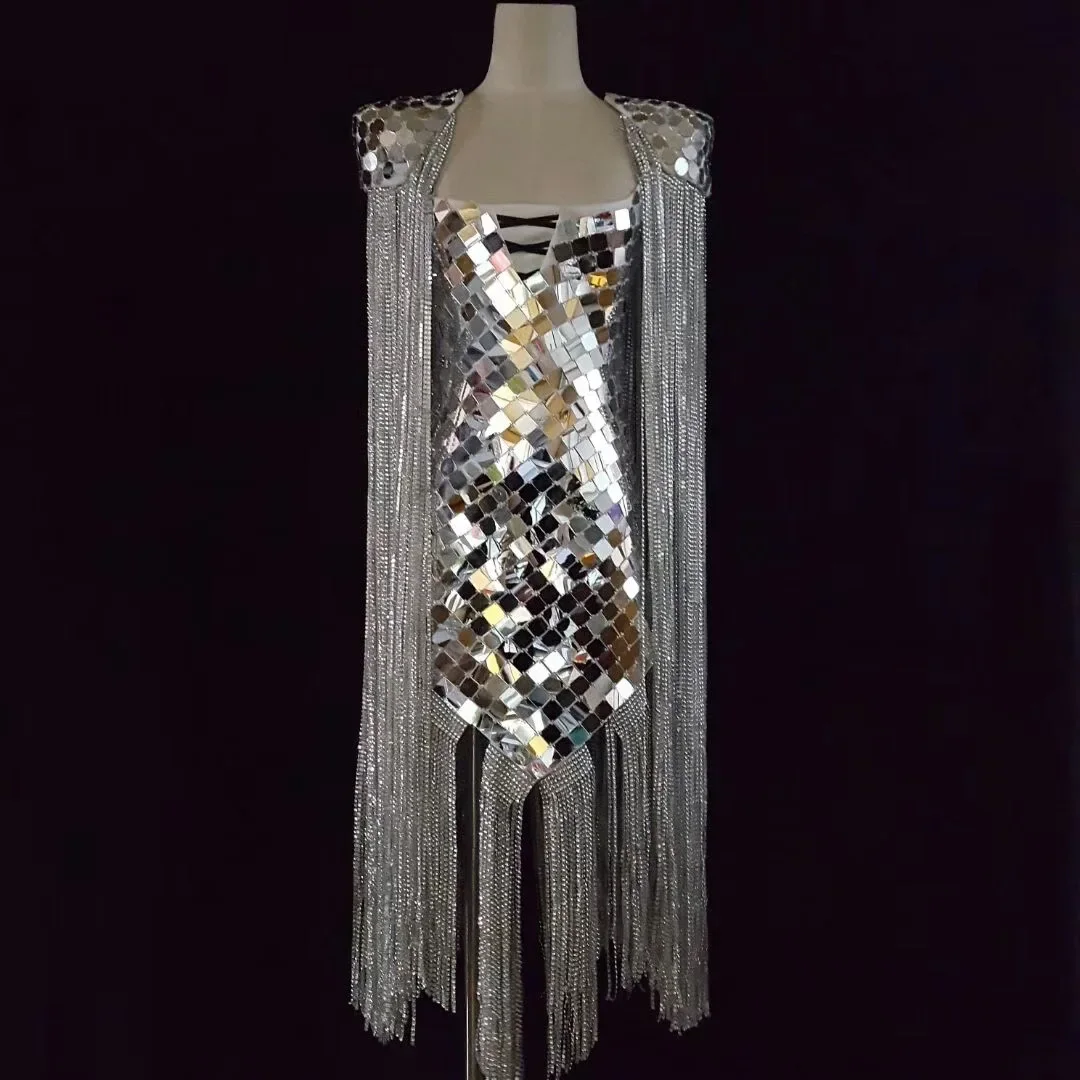 Handmade Shining Mirror Sequins Rhinestones Fringes Bodysuits Women Nightclub Performance Dance Wear Party Evening Costume