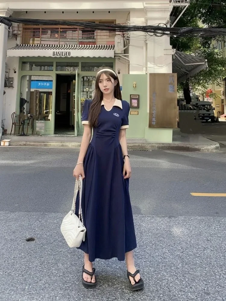 QWEEK Preppy Style School Student Dress Women Sweet Vintage College Polo Long Dresses 2023 Autumn Korean Fashion New in Kpop