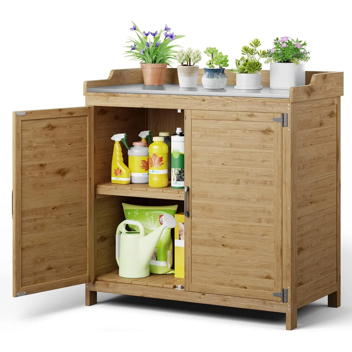 Outdoor Potting Bench with Metal Tabletop, Outdoor Garden Patio Wooden Storage Cabinet with Adjustable Shelf - Natural