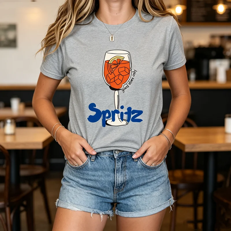 Unisex Hand Drawn Spritz Print T Shirt Orange Blue Cocktail Short Sleeve Vacation Streetwear Tops Cotton  Y2k Top Harajuku