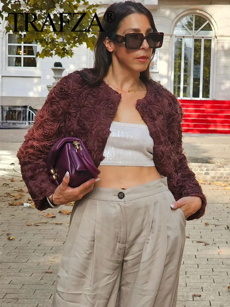 TRAFZA-abrigo liso con textura de flor 3D para mujer, cárdigan suelto de manga larga con cuello redondo, ropa de calle Vintage, prendas de vestir exteriores femeninas, Top