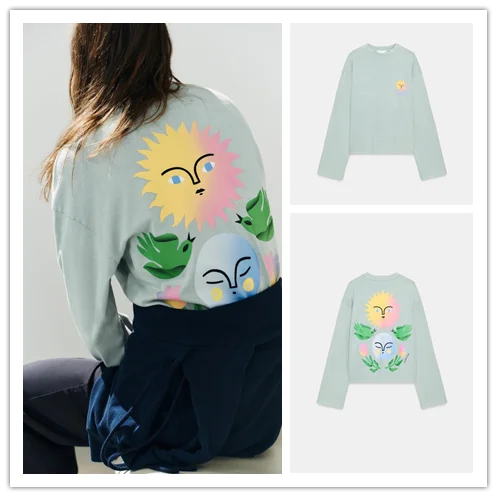 Early Autumn New Arrival Women's Fashionable Versatile Solar Eclipse Theme T-Shirt Top ZR Style Polyester Long Sleeve round N...
